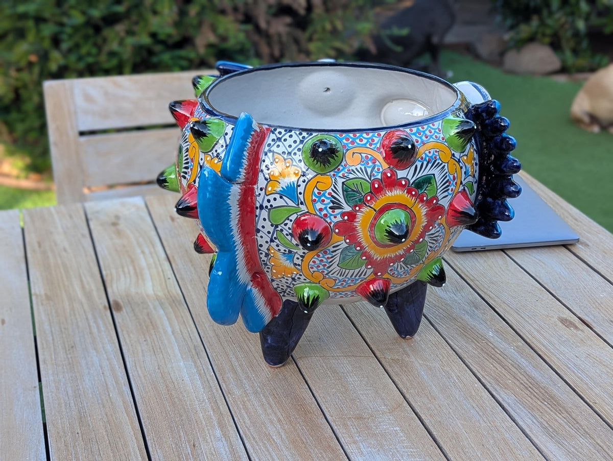 Blowfish Planter is Hand Painted Ceramic Talavera Mexican Pottery | Unique Planter Yard Art for Outdoor Garden Decor