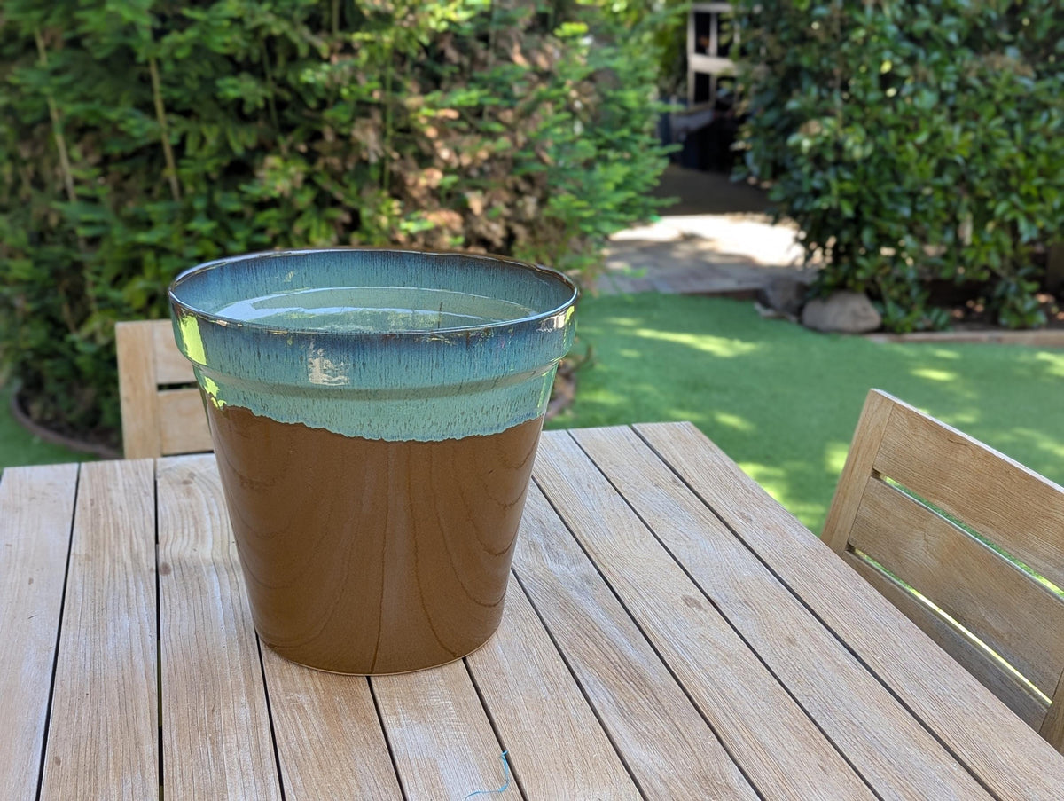 Handcrafted Ceramic Planter and Glazed Pot from Mexico – Green Oxide Aqua & Earth – Contemporary Outdoor Decor and Large Garden Plant Pot