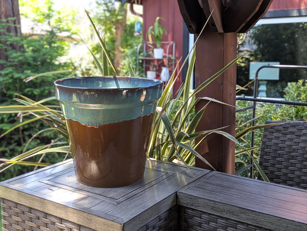 Handcrafted Ceramic Planter and Glazed Pot from Mexico – Green Oxide Aqua & Earth – Contemporary Outdoor Decor and Large Garden Plant Pot