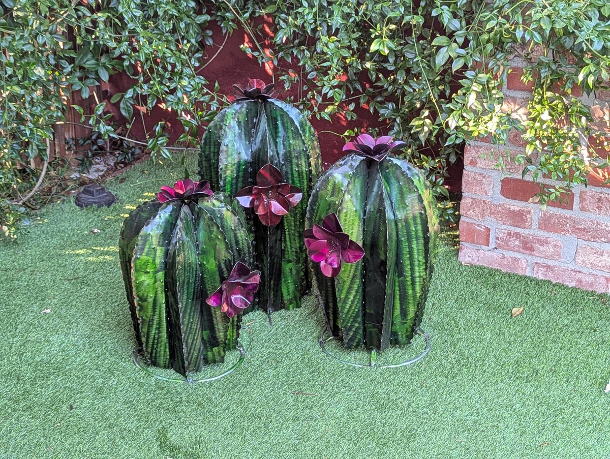 Cactus Family Garden Decor | 3 Cactus Decorations for Your Yard or Home | Hand Painted Lifelike Metal Cactus is Stunning Mexican Garden Art