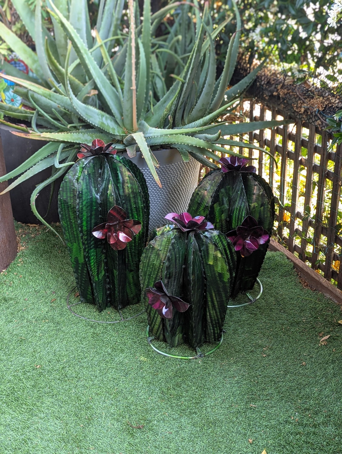 Cactus Family Garden Decor | 3 Cactus Decorations for Your Yard or Home | Hand Painted Lifelike Metal Cactus is Stunning Mexican Garden Art