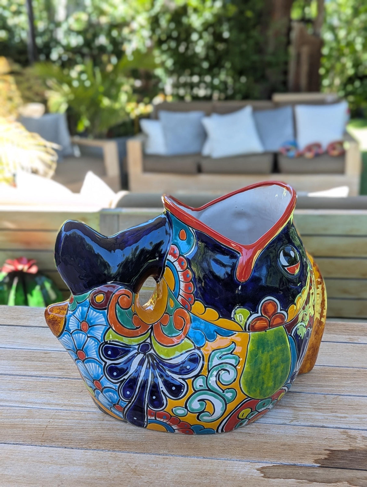 Talavera Whale Planter is Hand Painted Ceramic Mexican Pottery | Large Fish Planter Pot for Yard Art & Outdoor Garden Decor, Big Flower Pot