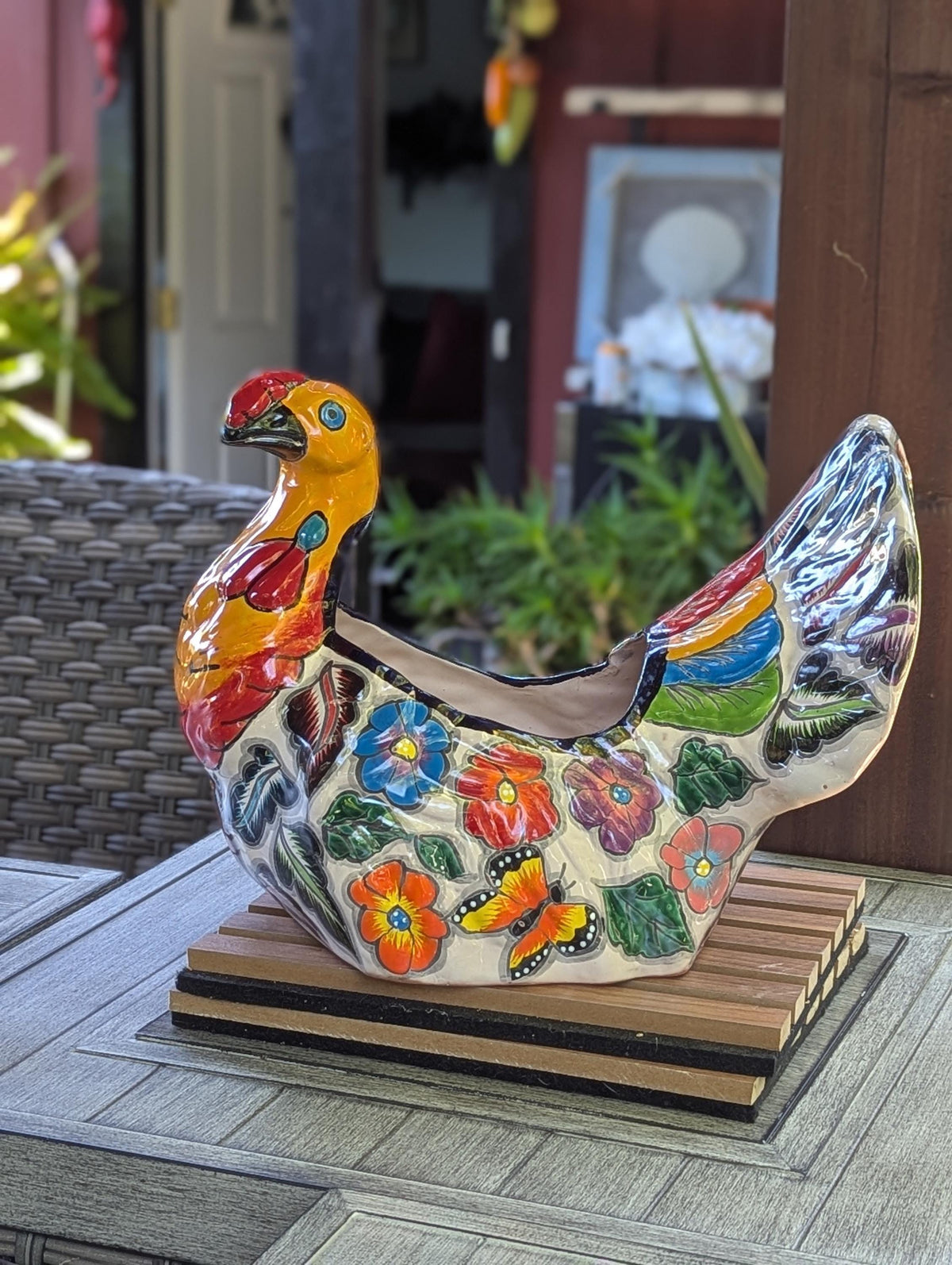 Fancy Chicken Flower Pot is a Ceramic Talavera Planter | Handmade Mexican Pottery good as Indoor Home Decor or Outdoor Planter Pot