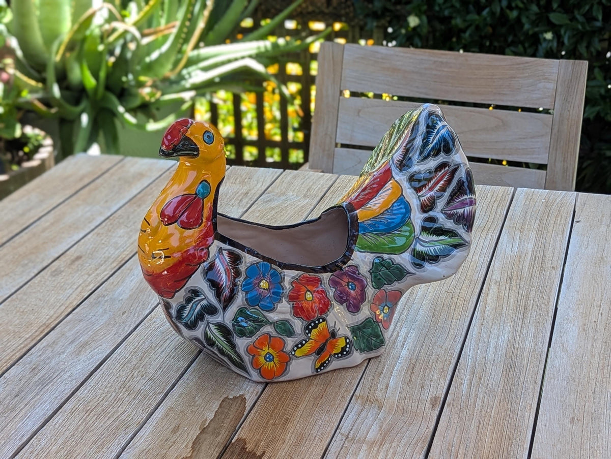 Fancy Chicken Flower Pot is a Ceramic Talavera Planter | Handmade Mexican Pottery good as Indoor Home Decor or Outdoor Planter Pot