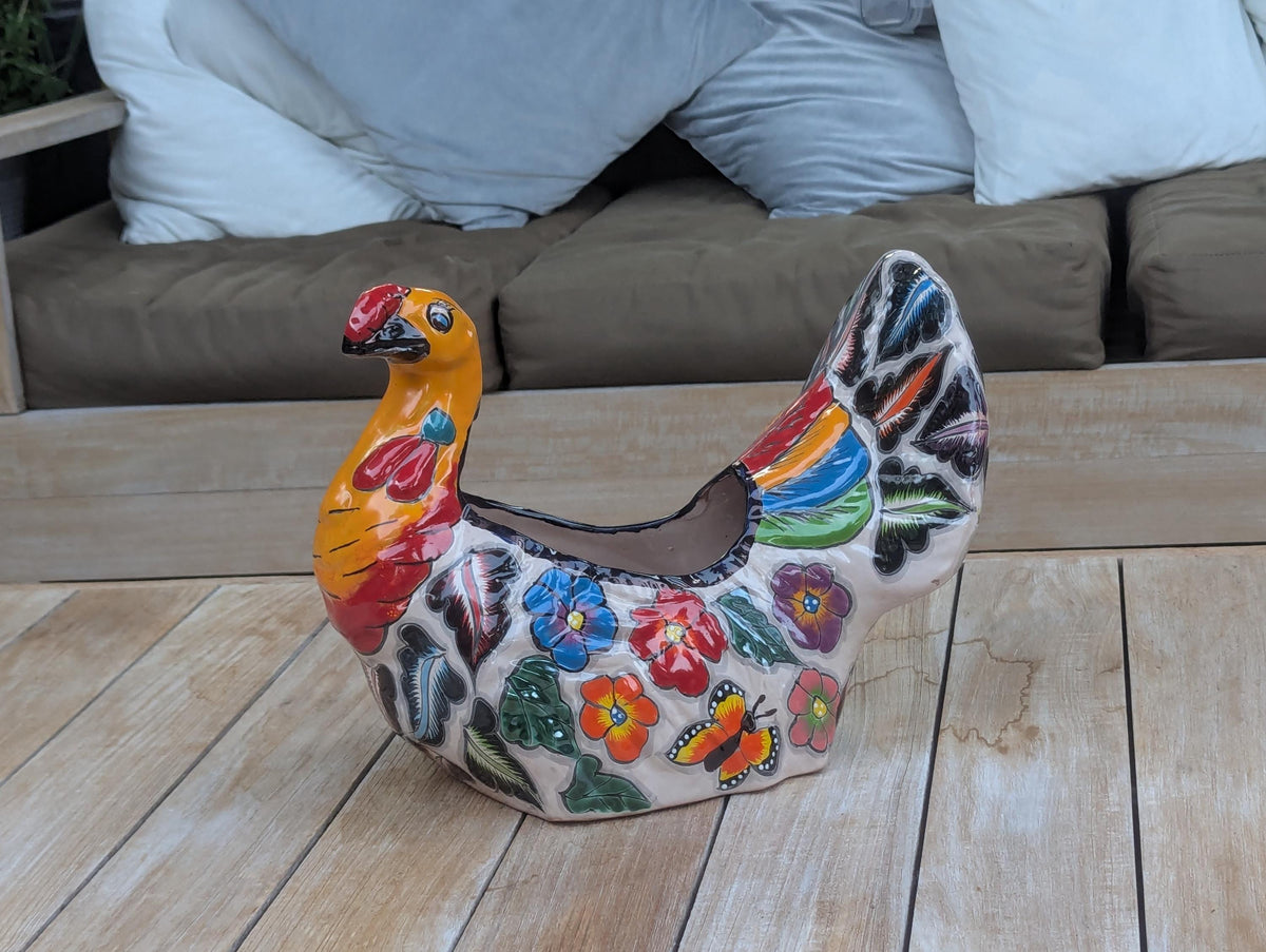 Peacock Flower Pot Ceramic Talavera Planter, Small Handmade Mexican Pottery Home Decor as Indoor Planter or Outdoor Pot