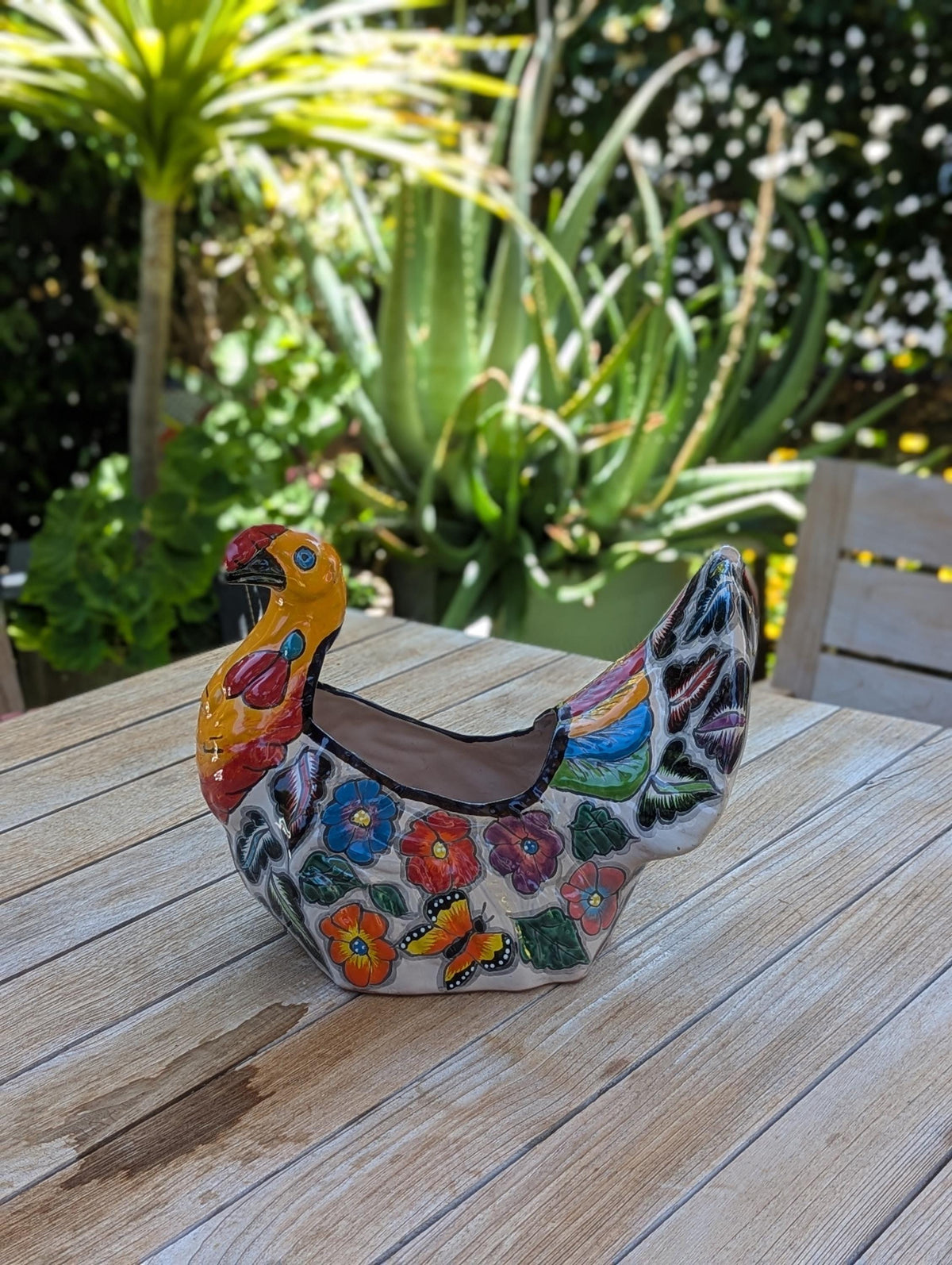 Fancy Chicken Flower Pot is a Ceramic Talavera Planter | Handmade Mexican Pottery good as Indoor Home Decor or Outdoor Planter Pot