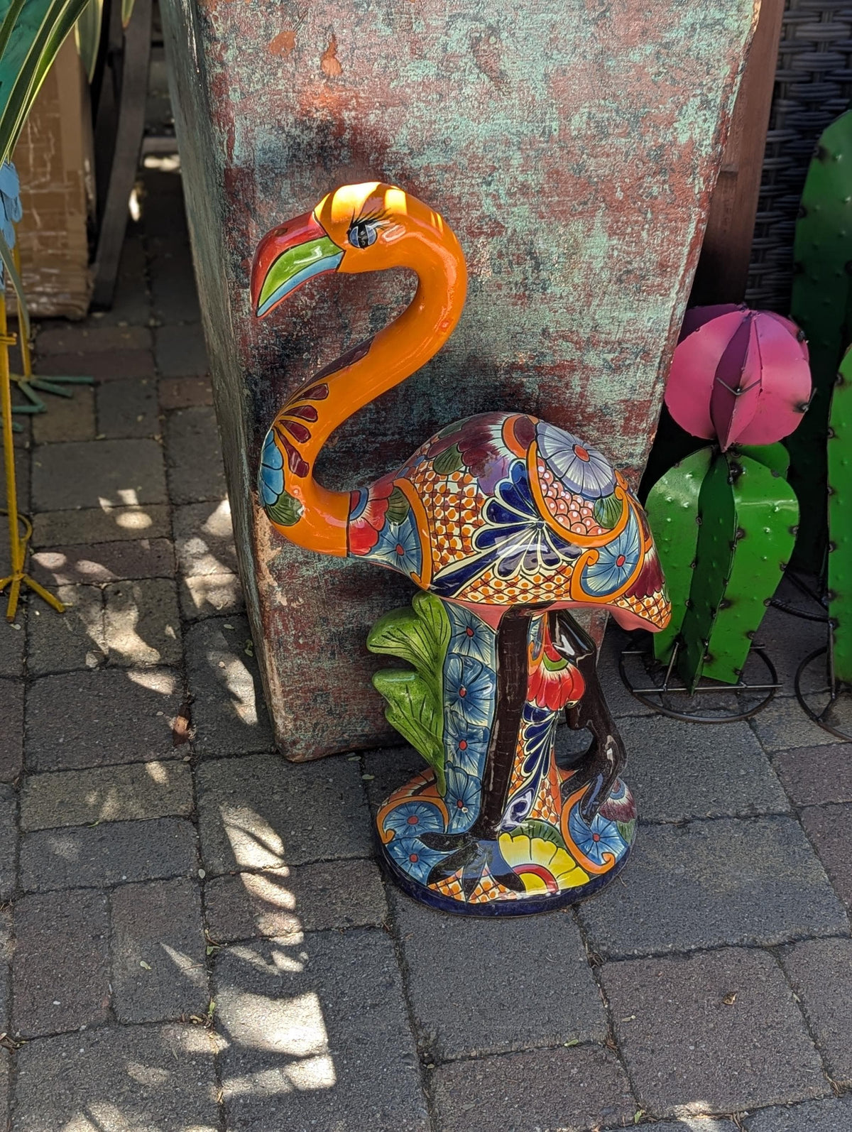 Orange Flamingo Garden Decor & Yard Art, Ceramic Talavera Pottery to use as Home Decor, Porch Decoration or Outdoor Decor