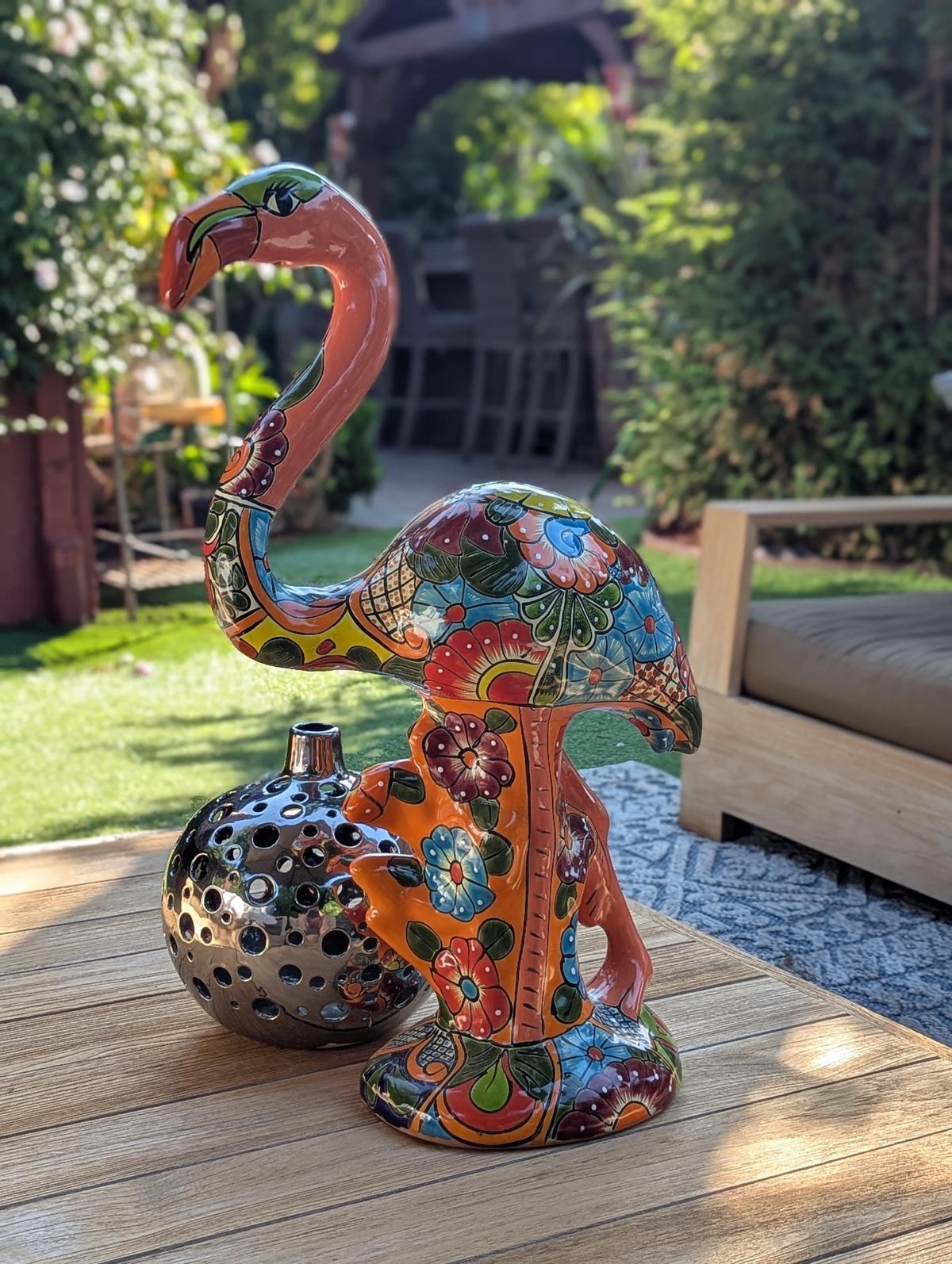 Pink Flamingo Garden Decor & Yard Art, Ceramic Talavera Pottery to use as Home Decor, Porch Decoration or Outdoor Decor