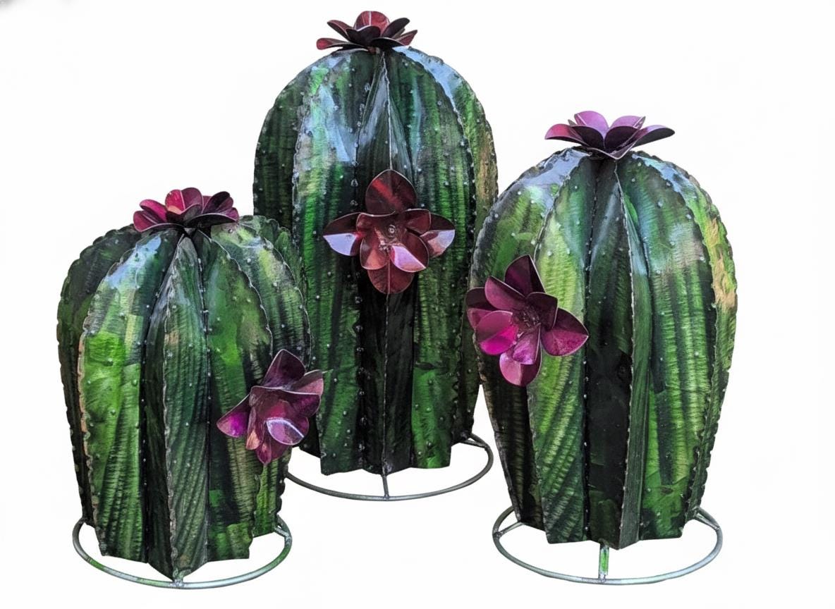 Cactus Family Garden Decor | 3 Cactus Decorations for Your Yard or Home | Hand Painted Lifelike Metal Cactus is Stunning Mexican Garden Art