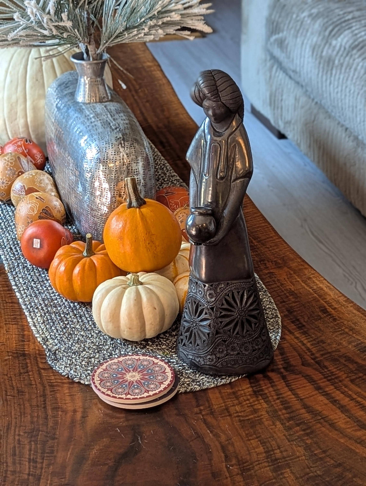 Young Woman Holding a Pot Black Clay Home Decor, Stunning Barro Negro Figurine Handmade Mexican Pottery from San Bartolo near Oaxaca, Mexico