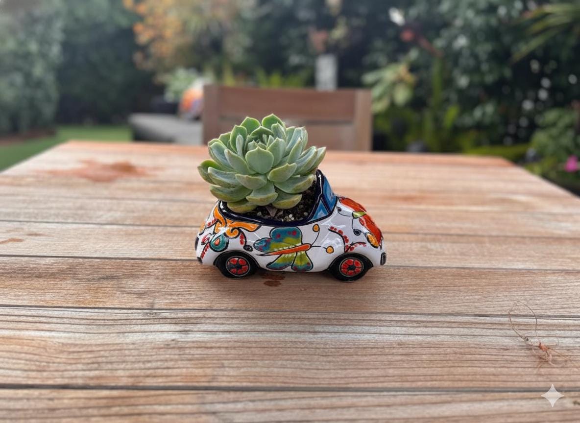 VW Bug Planter is Handmade Talavera Mexican Pottery | Ceramic Plant Pot for Outdoor Garden or Indoor Home Decor, Hand Painted Yard Art
