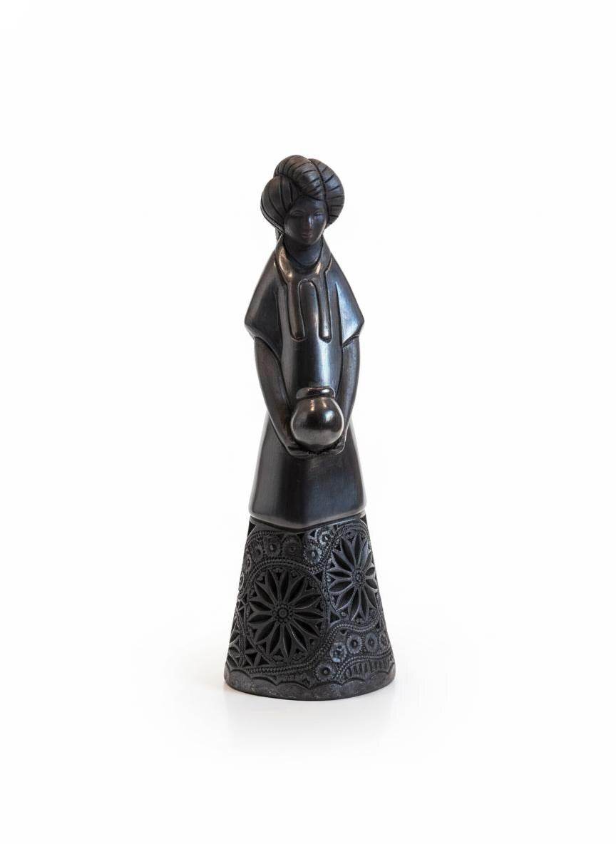 Young Woman Holding a Pot Black Clay Home Decor, Stunning Barro Negro Figurine Handmade Mexican Pottery from San Bartolo near Oaxaca, Mexico