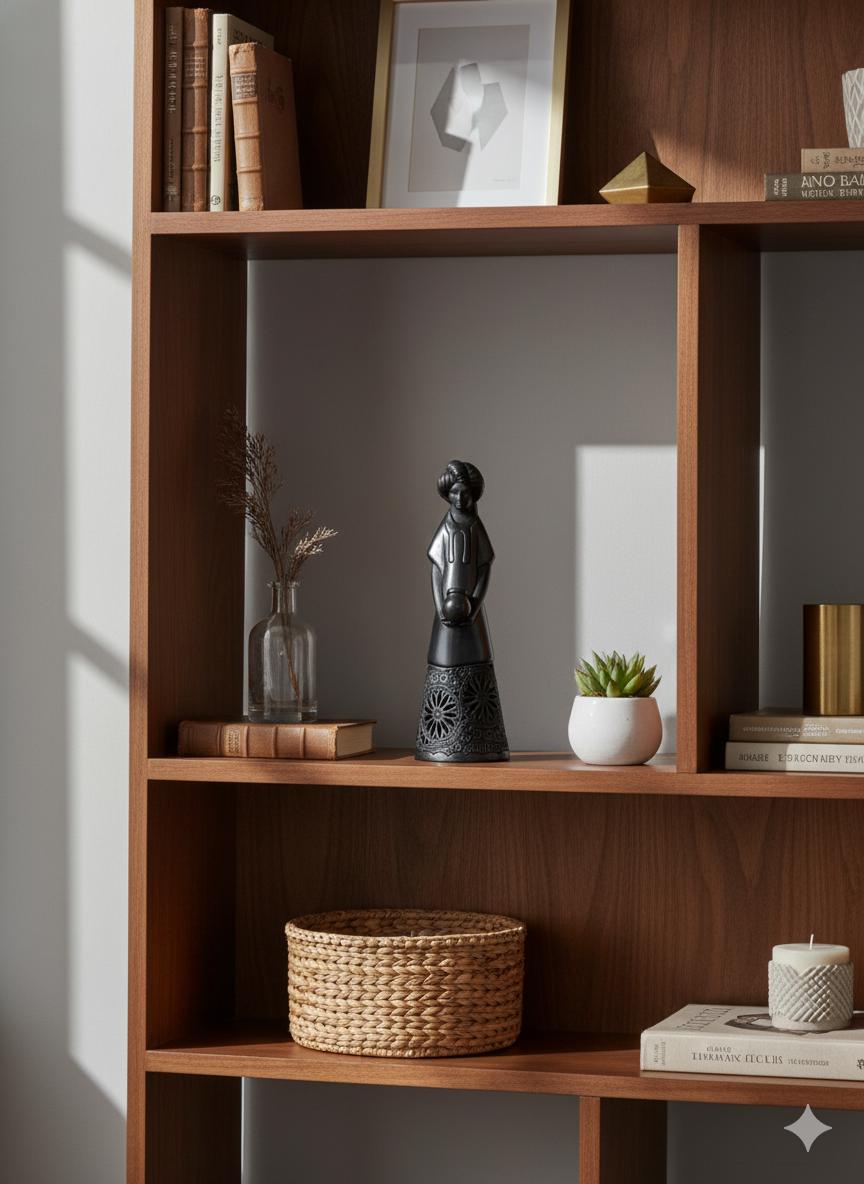 Young Woman Holding a Pot Black Clay Home Decor, Stunning Barro Negro Figurine Handmade Mexican Pottery from San Bartolo near Oaxaca, Mexico