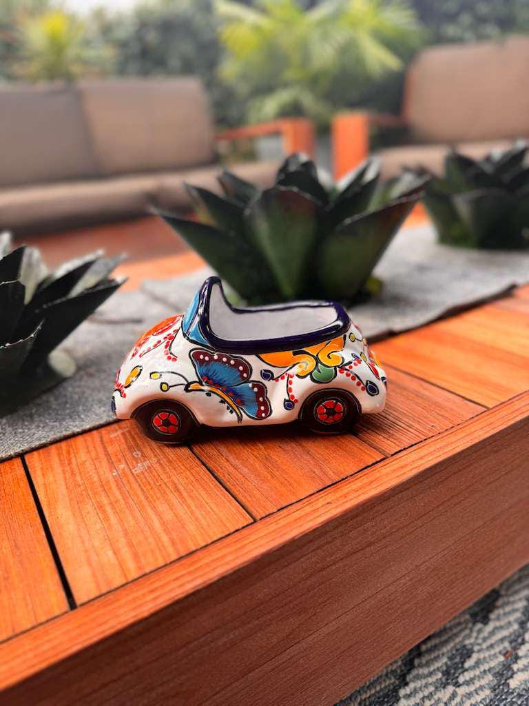 VW Bug Planter is Handmade Talavera Mexican Pottery | Ceramic Plant Pot for Outdoor Garden or Indoor Home Decor, Hand Painted Yard Art