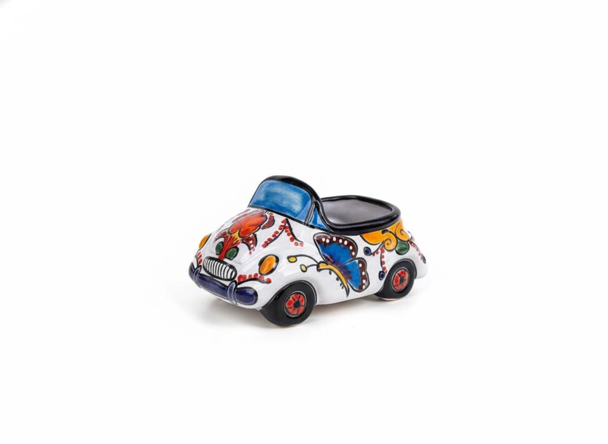 VW Bug Planter is Handmade Talavera Mexican Pottery | Ceramic Plant Pot for Outdoor Garden or Indoor Home Decor, Hand Painted Yard Art