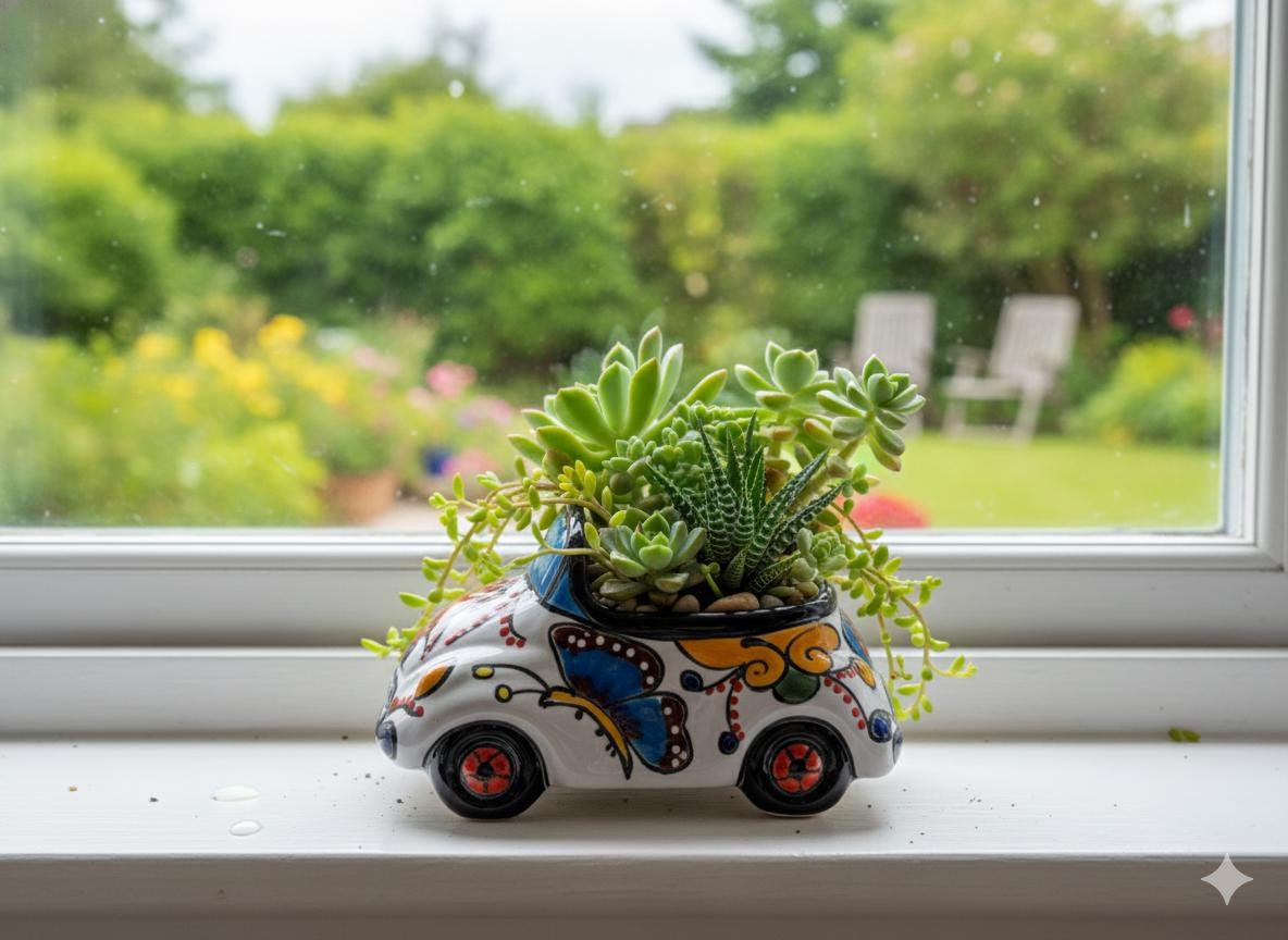VW Bug Planter is Handmade Talavera Mexican Pottery | Ceramic Plant Pot for Outdoor Garden or Indoor Home Decor, Hand Painted Yard Art