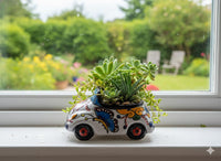 VW Bug Planter is Handmade Talavera Mexican Pottery | Ceramic Plant Pot for Outdoor Garden or Indoor Home Decor, Hand Painted Yard Art