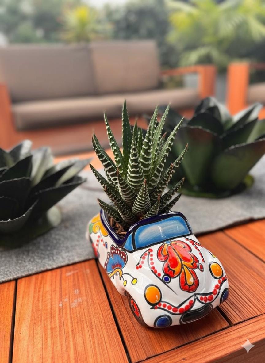 VW Bug Planter is Handmade Talavera Mexican Pottery | Ceramic Plant Pot for Outdoor Garden or Indoor Home Decor, Hand Painted Yard Art
