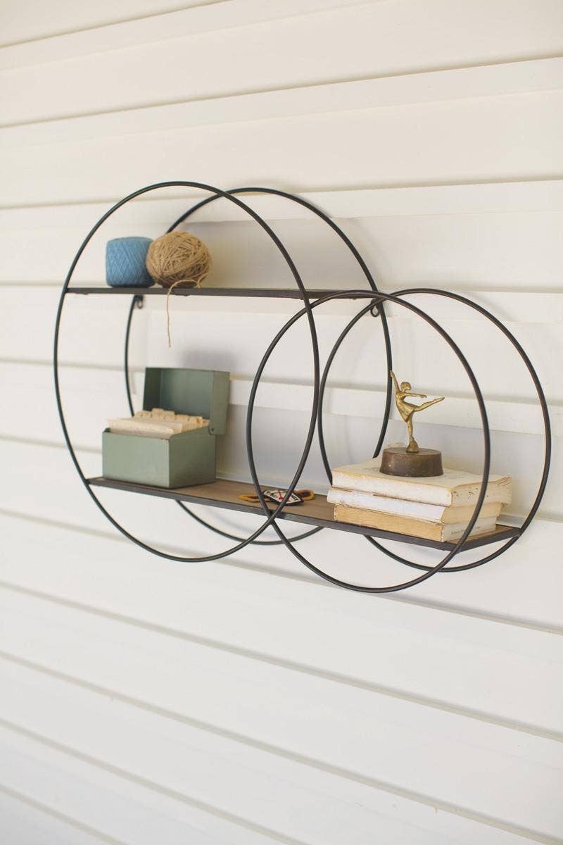 Metal Double Circle Wall Unit with Wood Shelves, Home Shelf Decor Housewarming Gift for Her