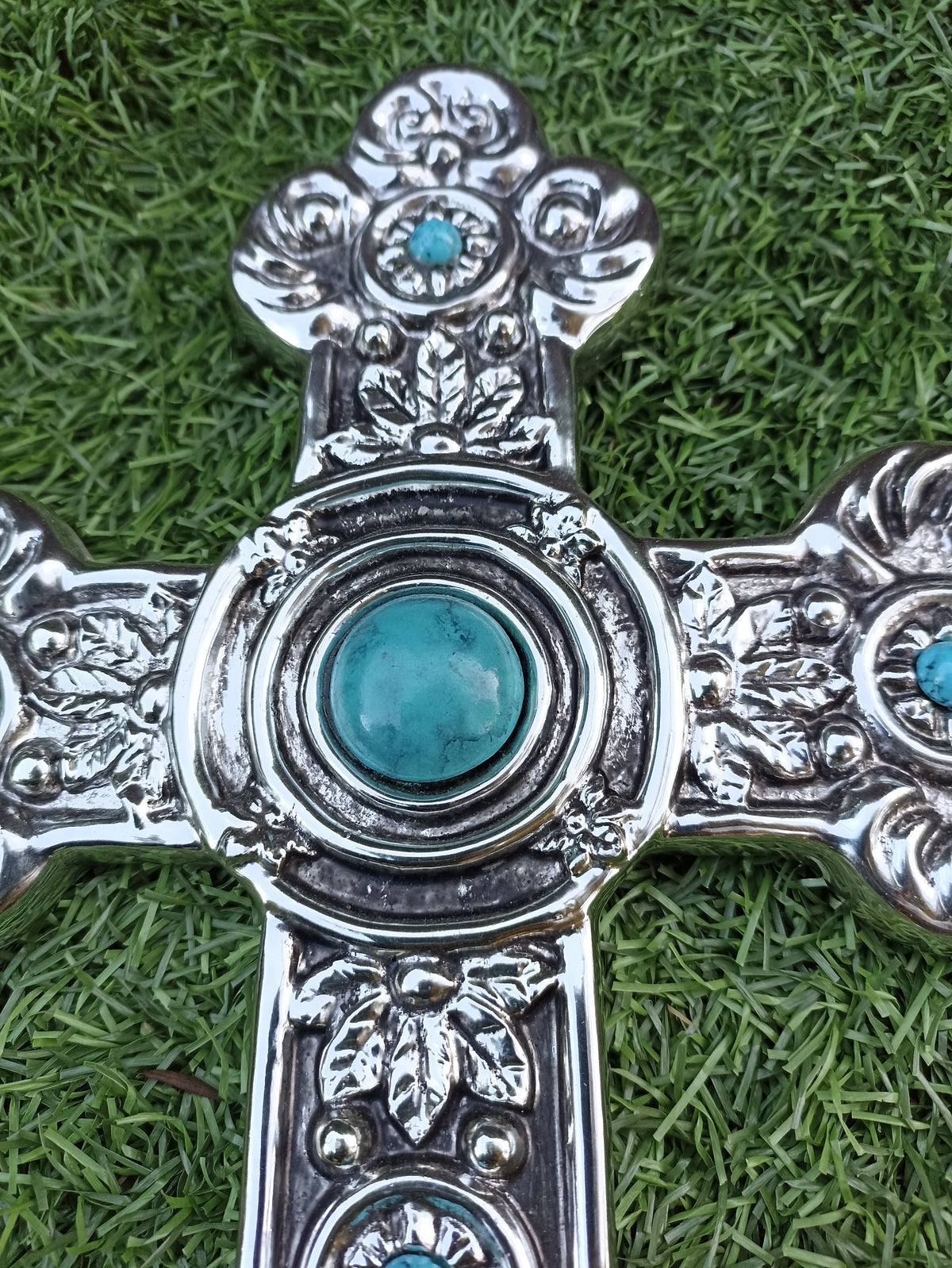 Recycled Aluminum Cross With Blue Gem, Handmade Cross Wall Decor, Cross Wall Art, Medium Cross Decor, Religious Cross