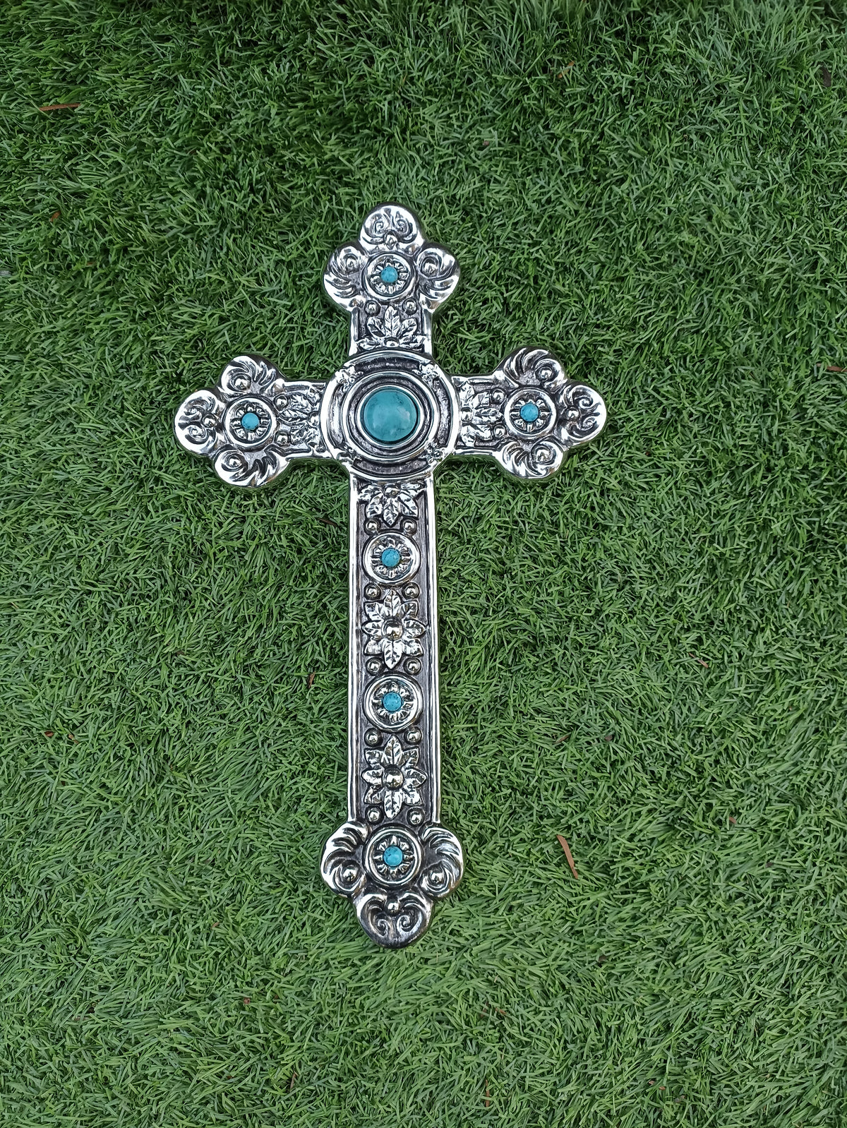 Recycled Aluminum Cross With Blue Gem, Handmade Cross Wall Decor, Cross Wall Art, Medium Cross Decor, Religious Cross