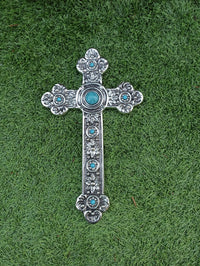 Recycled Aluminum Cross With Blue Gem, Handmade Cross Wall Decor, Cross Wall Art, Medium Cross Decor, Religious Cross