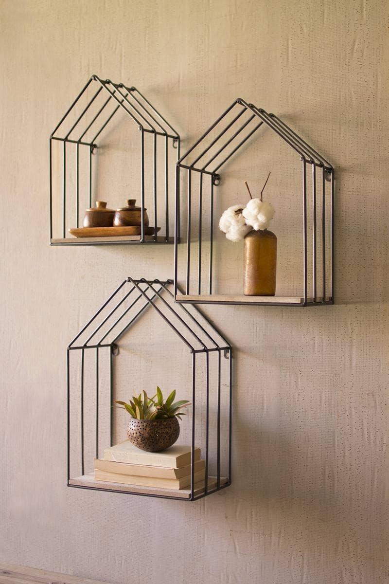 Set of Three Wood and Metal House Shelves, Shelf Home Decor Housewarming Gift for Her