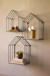 Set of Three Wood and Metal House Shelves, Shelf Home Decor Housewarming Gift for Her