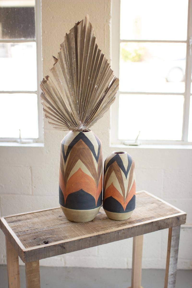 Set of 2 Hand Painted Tan and Brown Decorative Ceramic Vases for Dried or Fresh Flowers, Indoor Home Decor