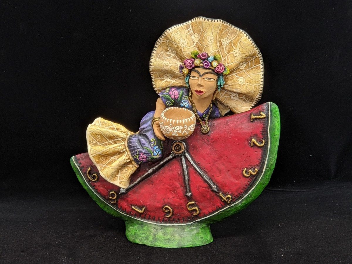 Pre-Order | Woman on the Clock Original Folk Art Clay Figurine, Unique Home Décor from Oaxaca, Mexico by Jose Juan Aguilar | Handmade Gift