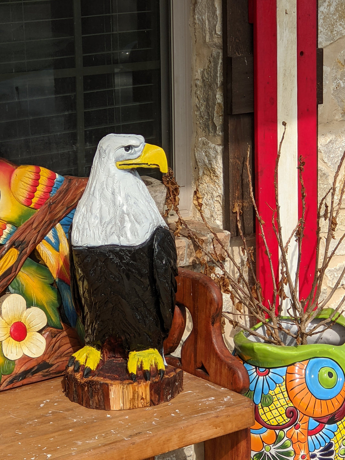 Bald Eagle Handmade Home Decor for Outdoor Garden, Porch or Yard Art by Chainsaw Artist in Texas, Hand Carved Eagle