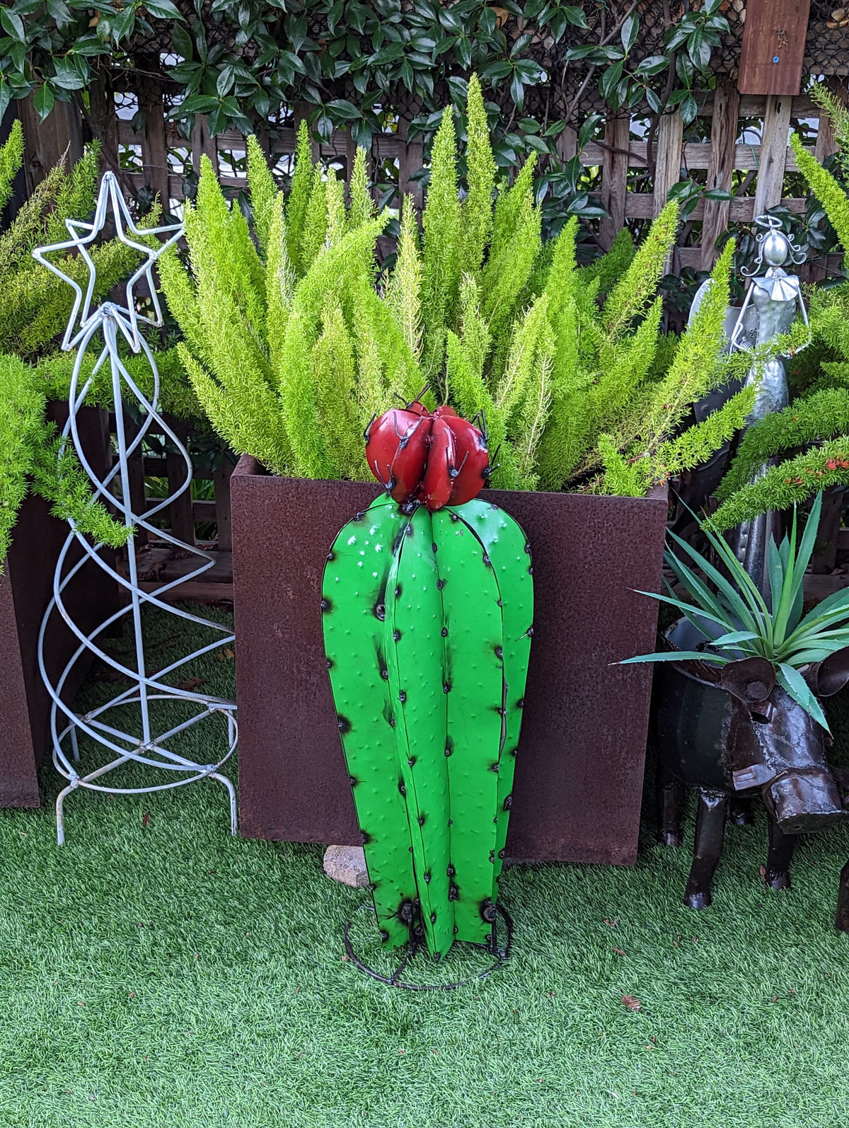 27" Tall Cactus Garden Decor, Cactus Decorations for Yard or Home, Hand Painted Lifelike Metal Cactus Mexican Yard Art
