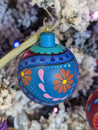 Christmas Ornaments, Unique Christmas Tree Bulbs of Various Festive Patterns, Hand Painted Wooden Mexican Ornaments of Oaxaca, Bluish Colors