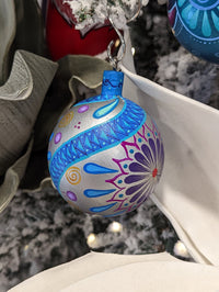 Christmas Ornaments, Unique Christmas Tree Bulbs of Various Festive Patterns, Hand Painted Wooden Mexican Ornaments of Oaxaca, Bluish Colors