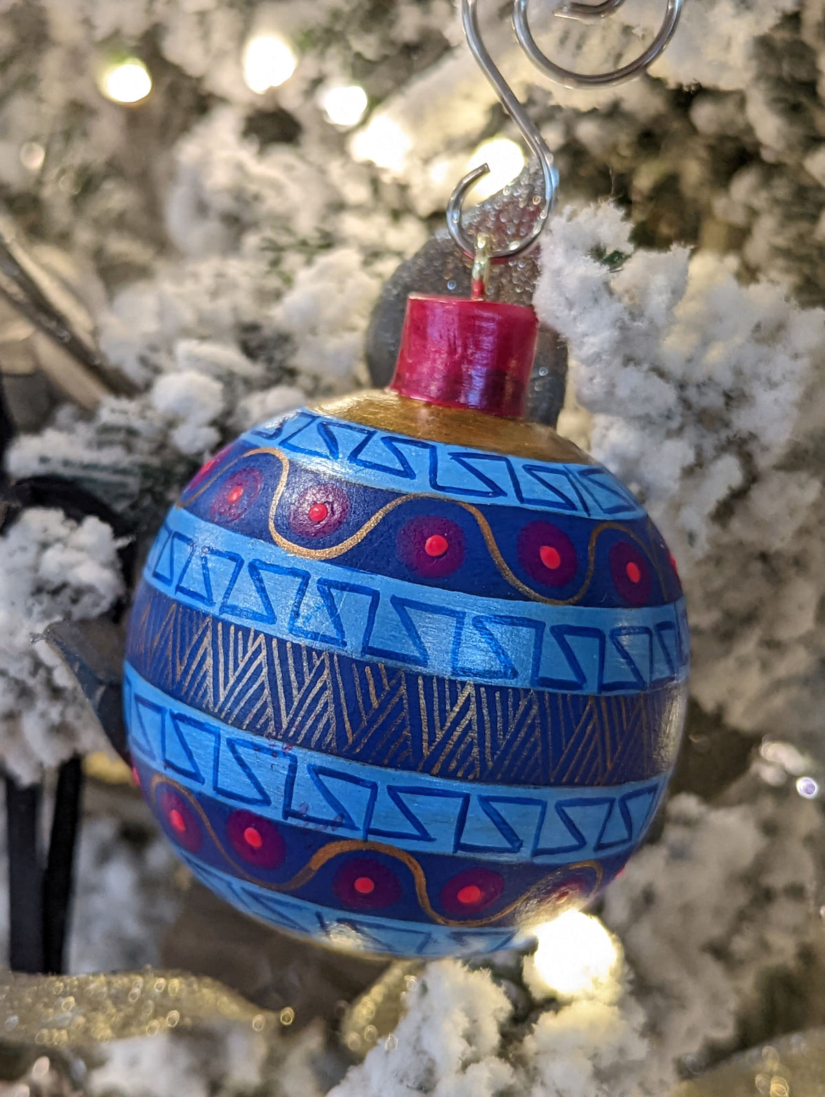 Christmas Ornaments, Unique Christmas Tree Bulbs of Various Festive Patterns, Hand Painted Wooden Mexican Ornaments of Oaxaca, Bluish Colors
