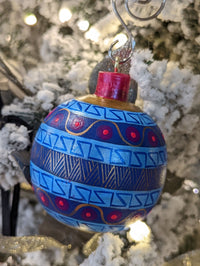 Christmas Ornaments, Unique Christmas Tree Bulbs of Various Festive Patterns, Hand Painted Wooden Mexican Ornaments of Oaxaca, Bluish Colors