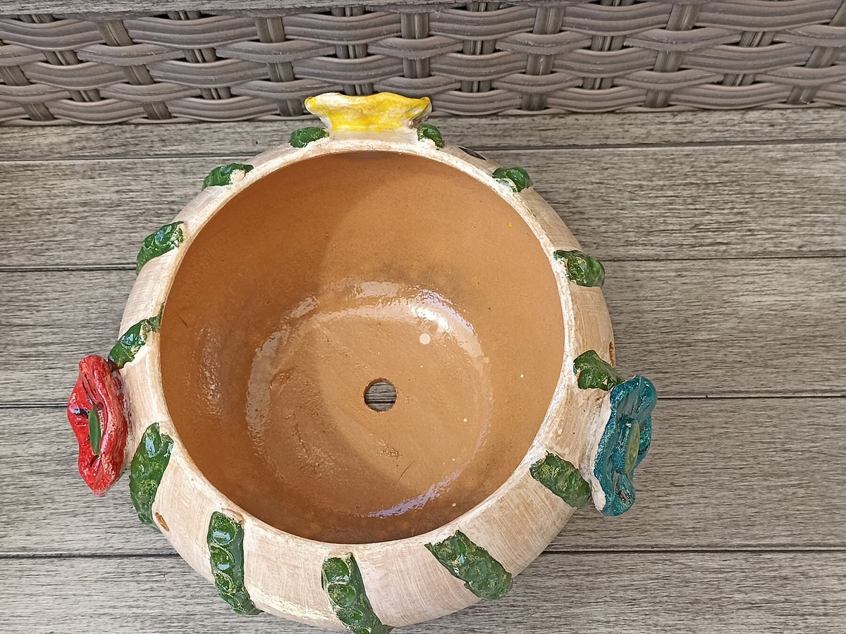 Cactus Flower Pot, Handmade Mexican Pottery from Atzompa, Mexico, Indoor Outdoor Home Decor, Charming Plant Pot w 3  Holes for Hanging