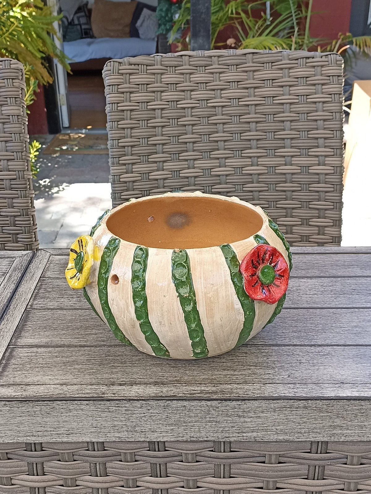 Cactus Flower Pot, Handmade Mexican Pottery from Atzompa, Mexico, Indoor Outdoor Home Decor, Charming Plant Pot w 3  Holes for Hanging