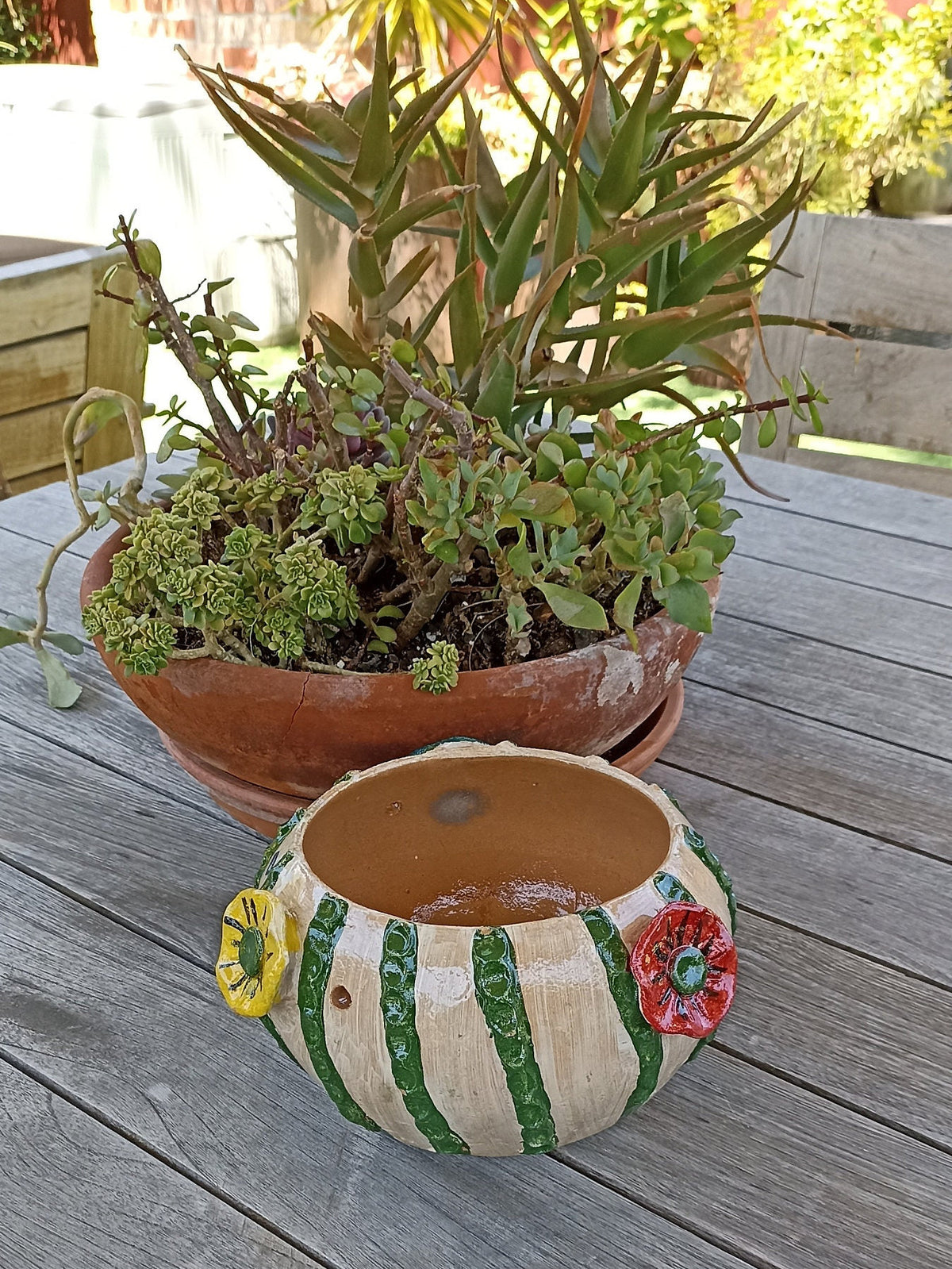 Cactus Flower Pot, Handmade Mexican Pottery from Atzompa, Mexico, Indoor Outdoor Home Decor, Charming Plant Pot w 3  Holes for Hanging