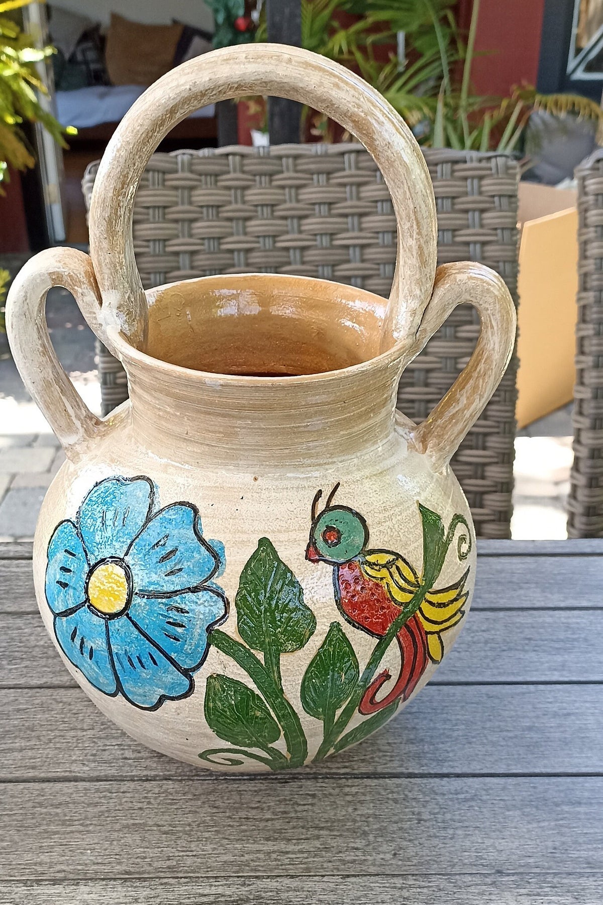 Planter Pot with Handles, Ceramic Flower Pot, Handmade Mexican Pottery from Atzompa, Mexico, Indoor Outdoor Home Decor, Charming Plant Pot