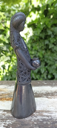 Young Woman Holding a Pot Home Decor, Stunning Barro Negro Black Clay Handmade Mexican Pottery from San Bartolo near Oaxaca, Mexico