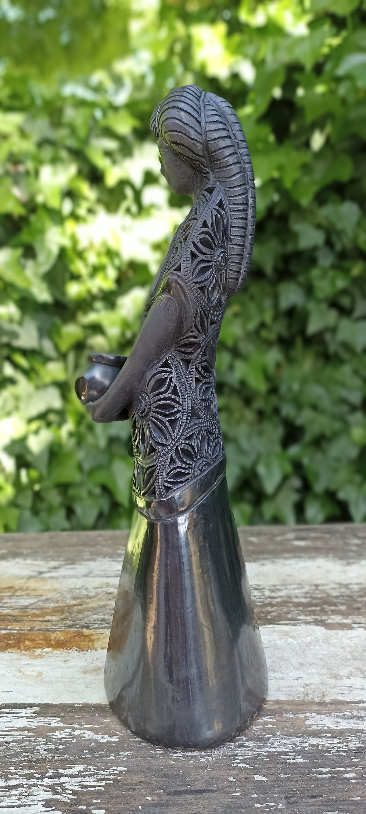 Young Woman Holding a Pot Home Decor, Stunning Barro Negro Black Clay Handmade Mexican Pottery from San Bartolo near Oaxaca, Mexico