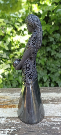 Young Woman Holding a Pot Home Decor, Stunning Barro Negro Black Clay Handmade Mexican Pottery from San Bartolo near Oaxaca, Mexico