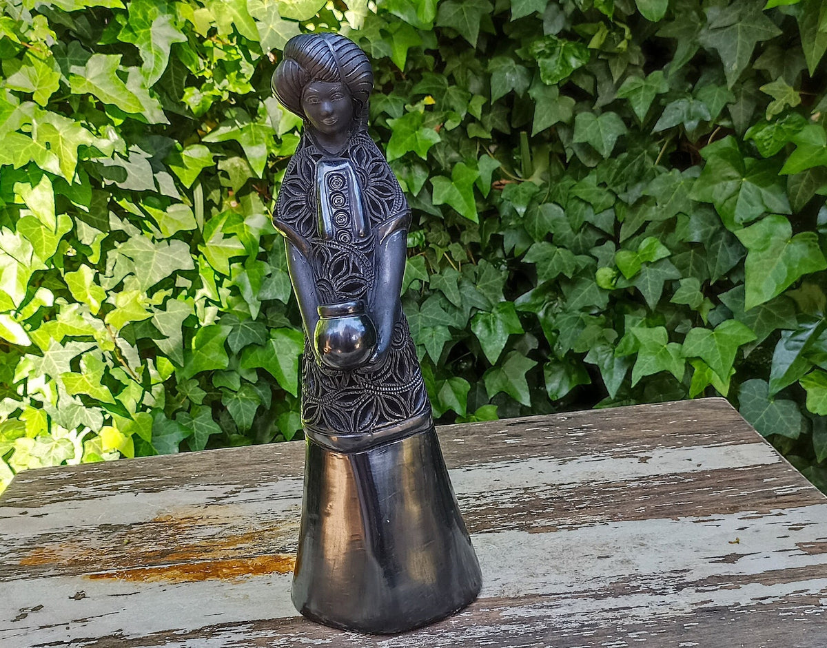 Young Woman Holding a Pot Home Decor, Stunning Barro Negro Black Clay Handmade Mexican Pottery from San Bartolo near Oaxaca, Mexico