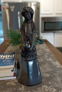 Young Woman Holding a Pot Home Decor, Stunning Barro Negro Black Clay Handmade Mexican Pottery from San Bartolo near Oaxaca, Mexico