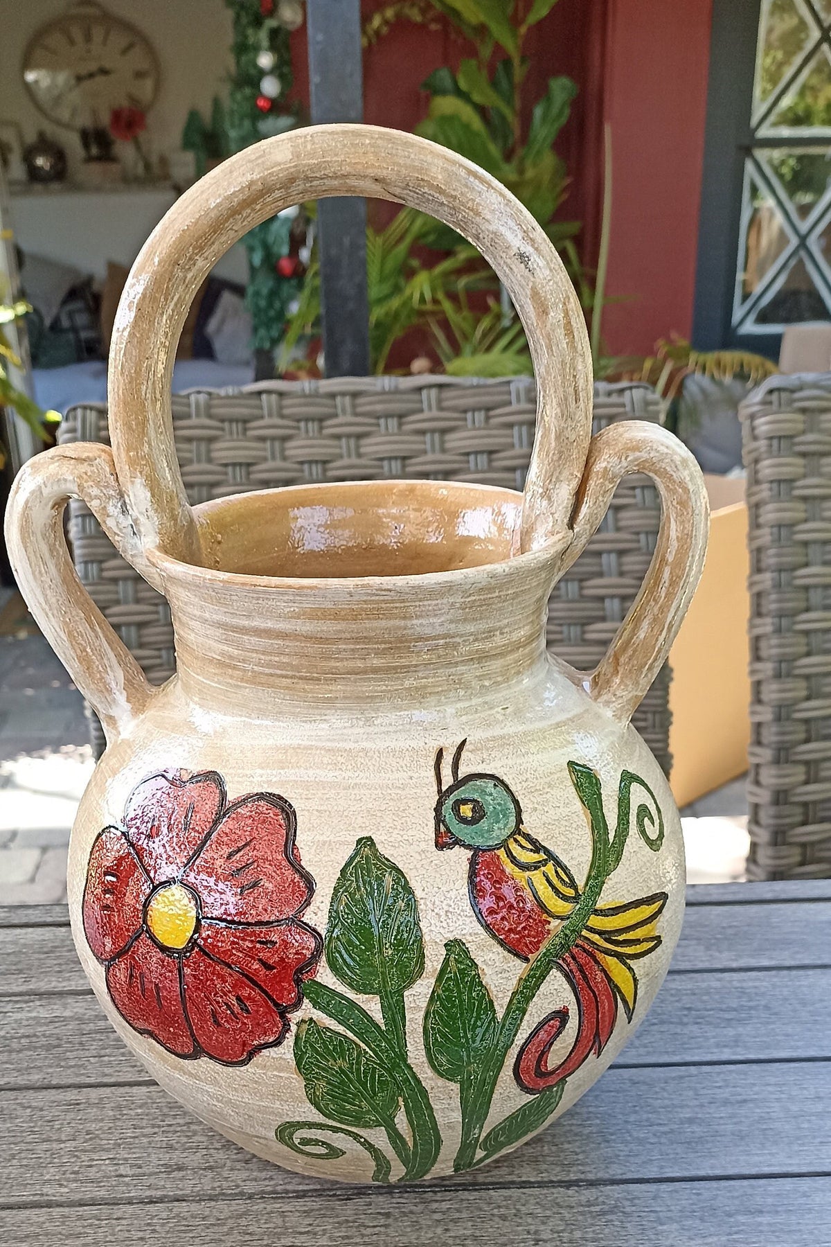 Planter Pot with Handles, Ceramic Flower Pot, Handmade Mexican Pottery from Atzompa, Mexico, Indoor Outdoor Home Decor, Charming Plant Pot