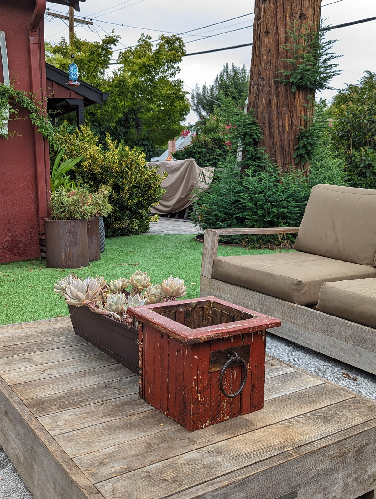 Rustic Wooden Box Planter in Red for Outdoor Garden Decor or Porch or Patio Decor, Handmade in Mexico, 11.75" Diameter, 6 lbs