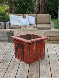 Rustic Wooden Box Planter in Red for Outdoor Garden Decor or Porch or Patio Decor, Handmade in Mexico, 11.75" Diameter, 6 lbs