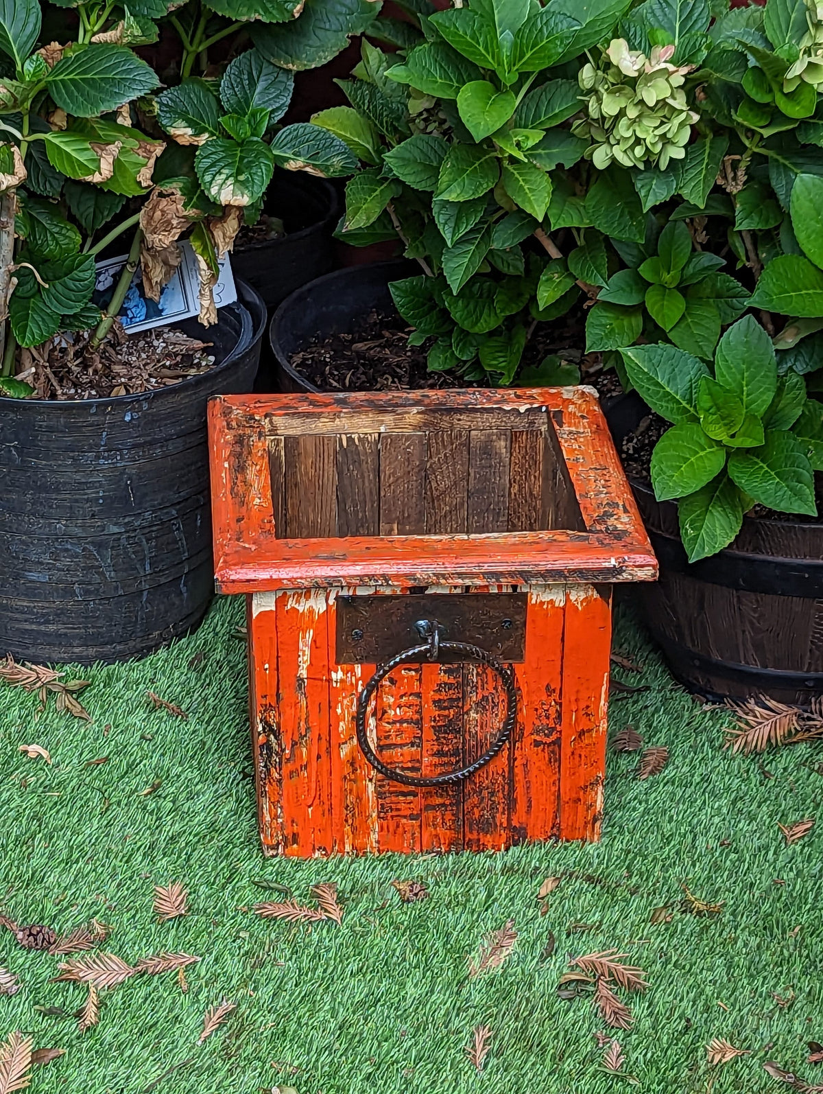 Rustic Wooden Box Planter for Outdoor Garden Decor or Porch or Patio Decor, Handmade in Mexico, 11.75" Diameter, 6 lbs