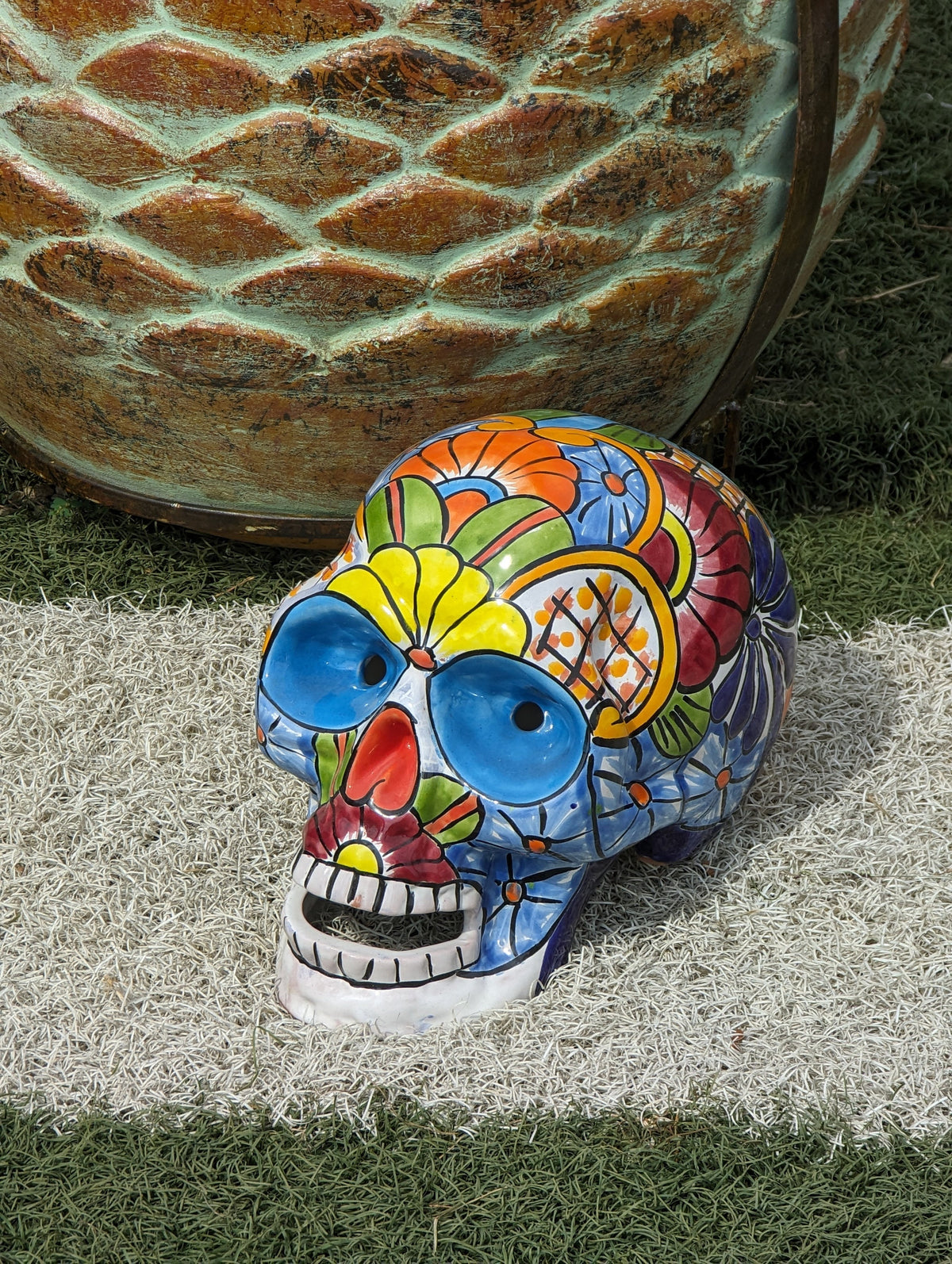 Halloween Skull Decor for Trick or Treat or Halloween Party, Holiday Decor or Seasonal Yard Decor, Handmade Mexican Talavera Pottery 9.5" H